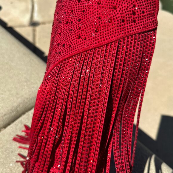 New Red Rhinestone Crystal Fringe Western Cowboy/Cowgirl Boot Knee High Heel Zip - Picture 7 of 7